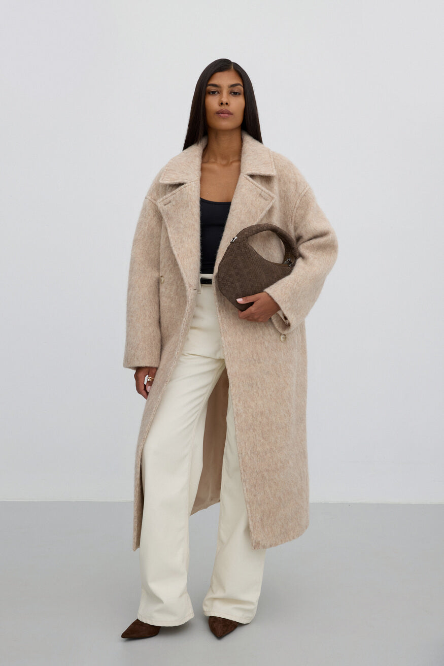 Women's Long Beige Belted Coat with Wool Blend Estro ER00115601.