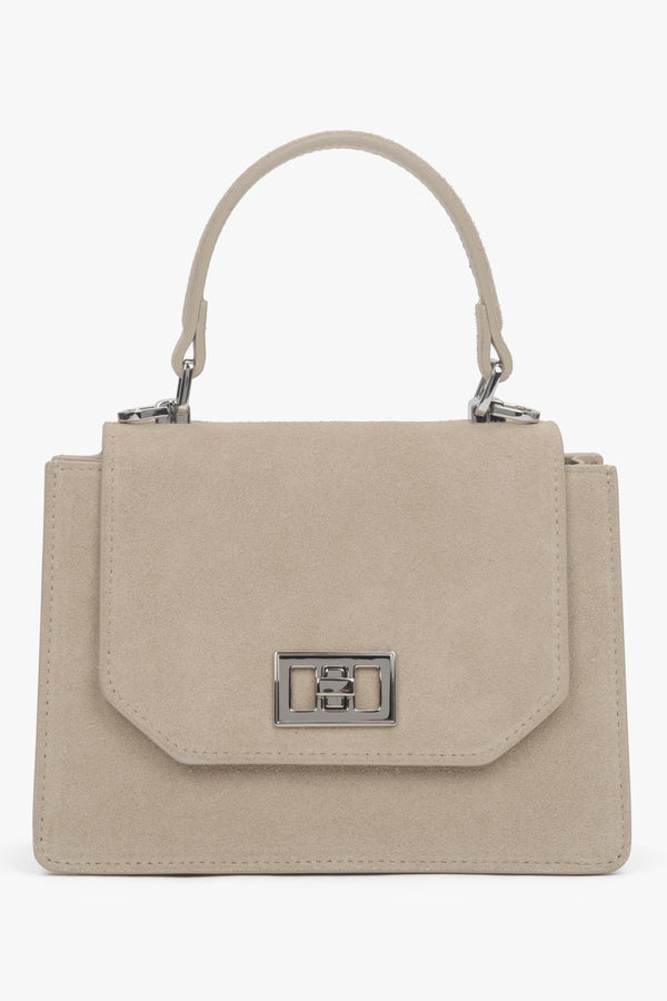 Beige mini satchel handbag in genuine velour.