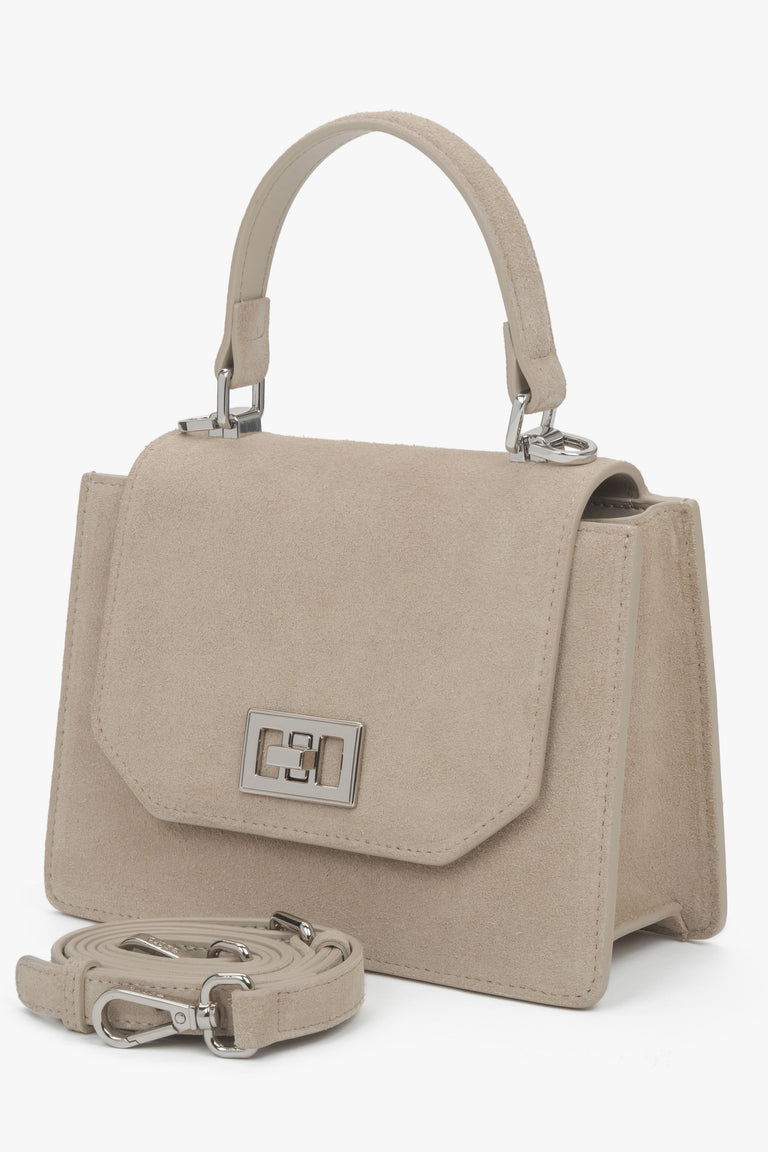 Side profile of Estro beige mini velour satchel.