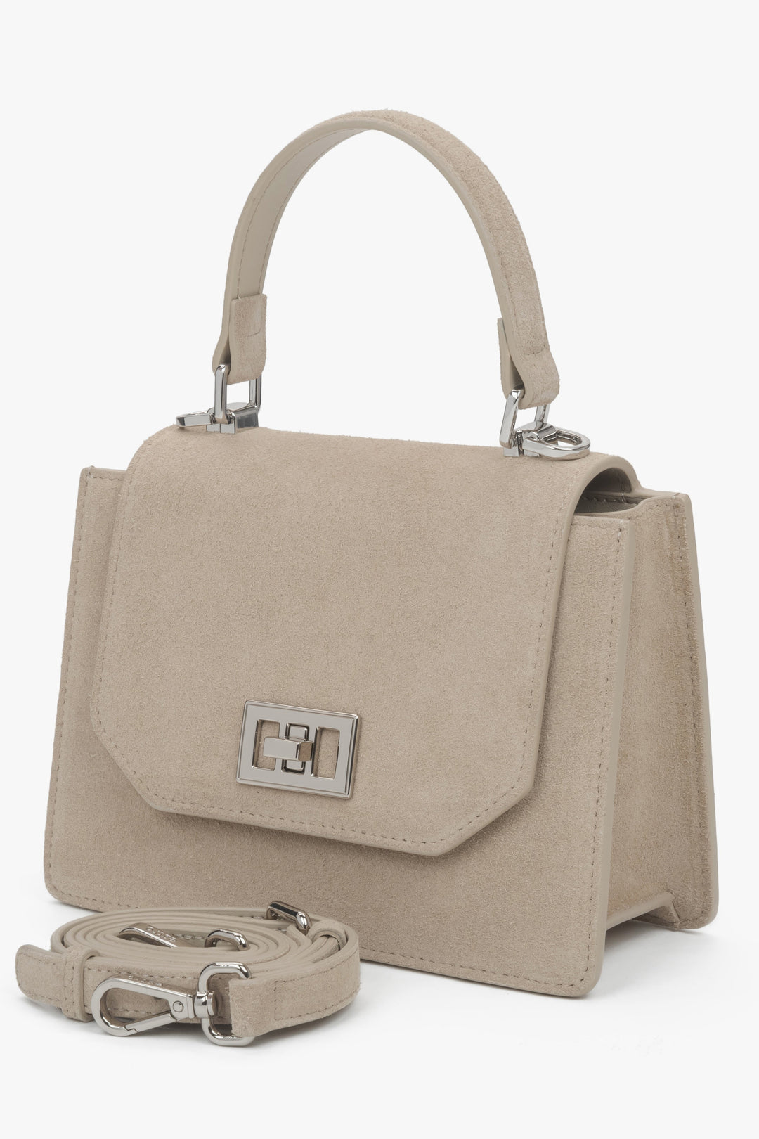 Side profile of Estro beige mini velour satchel.