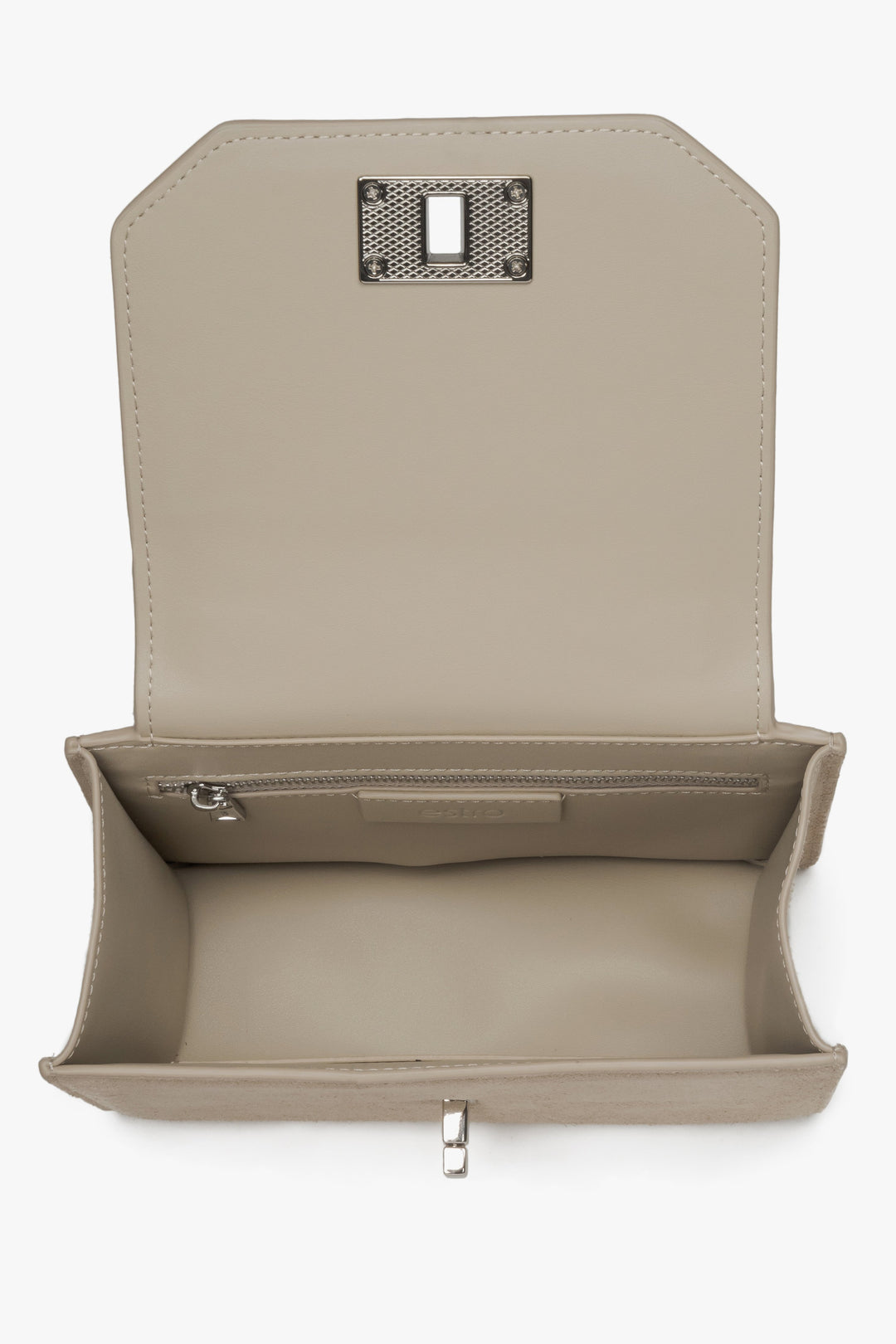 Inside view of beige mini satchel bag.