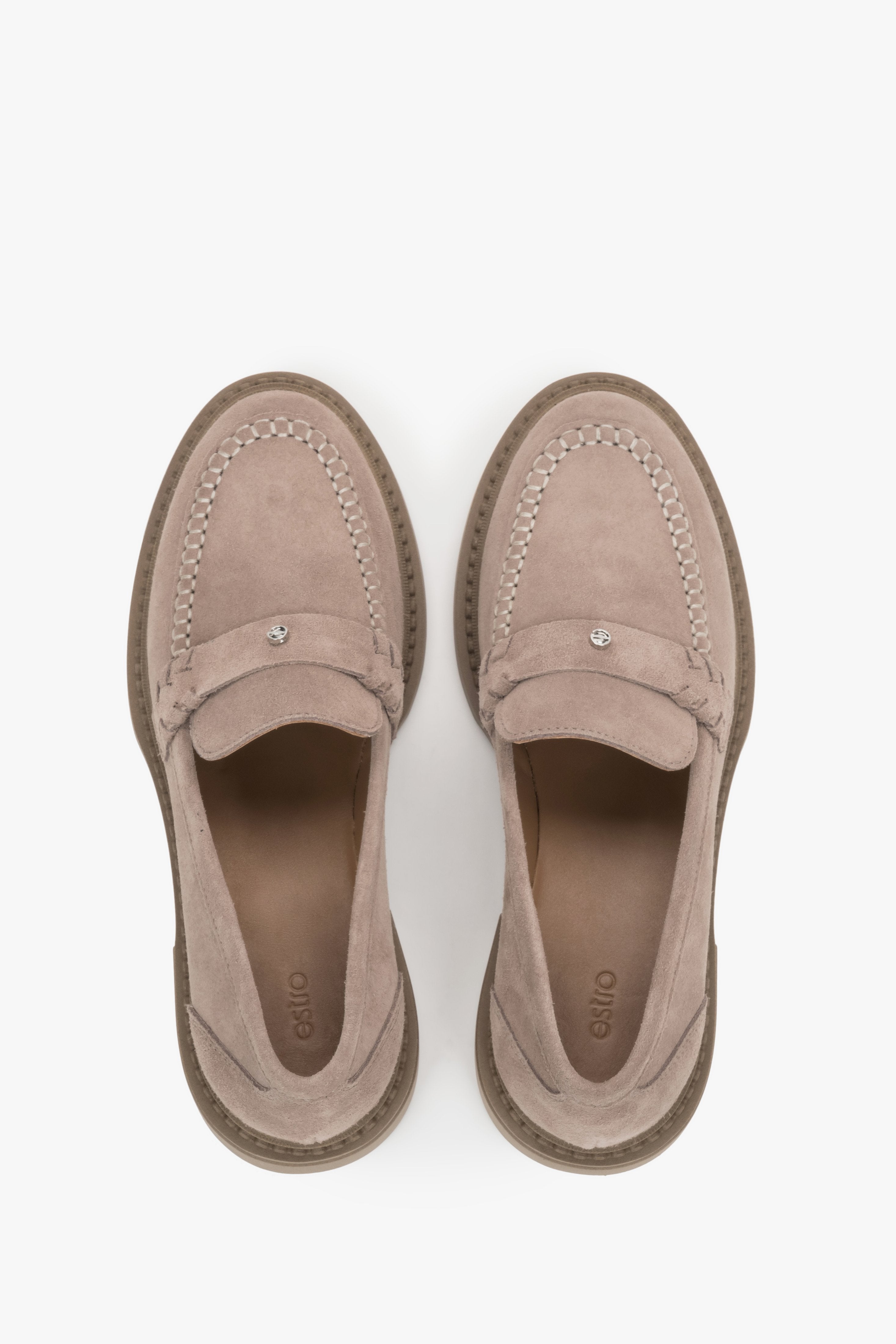 Classic women’s Penny loafers made of soft-textured beige Italian suede.