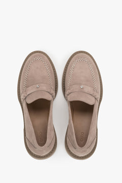 Classic women’s Penny loafers made of soft-textured beige Italian suede.