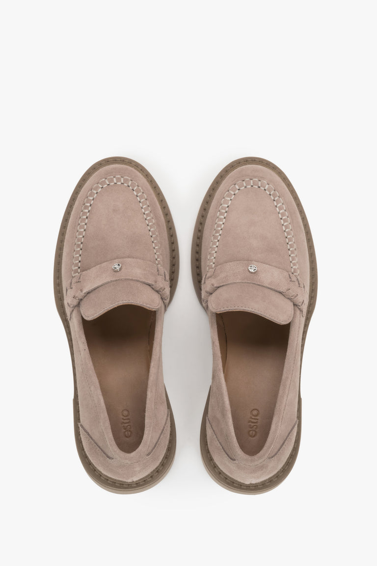 Classic women’s Penny loafers made of soft-textured beige Italian suede.