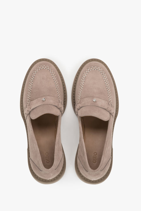 Classic women’s Penny loafers made of soft-textured beige Italian suede.