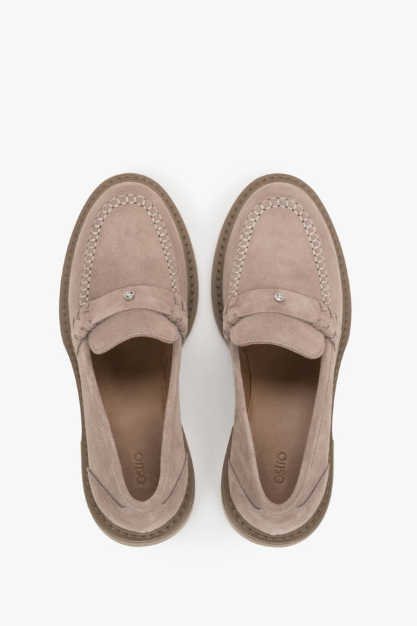 Classic women’s Penny loafers made of soft-textured beige Italian suede.
