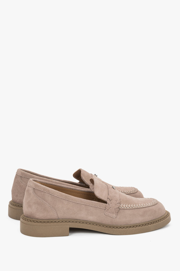 Luxurious beige women’s loafer shoes made of premium natural velour leather.