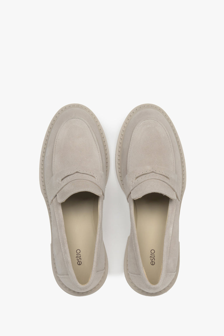 Women's Penny loafers in beige natural velour – presentation from top.