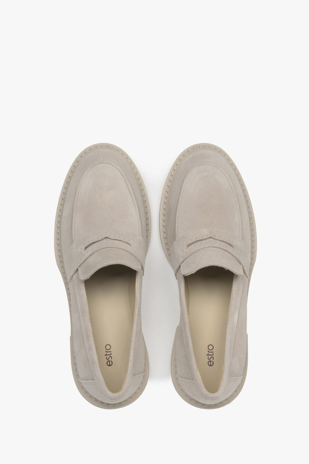Women's Penny loafers in beige natural velour – presentation from top.
