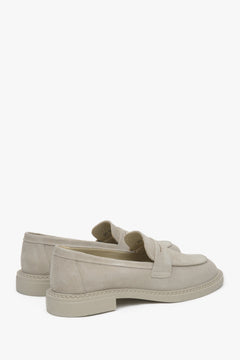 Beige Penny Loafers: Women's Italian Velour Estro - a close-up on shoe's sideline.