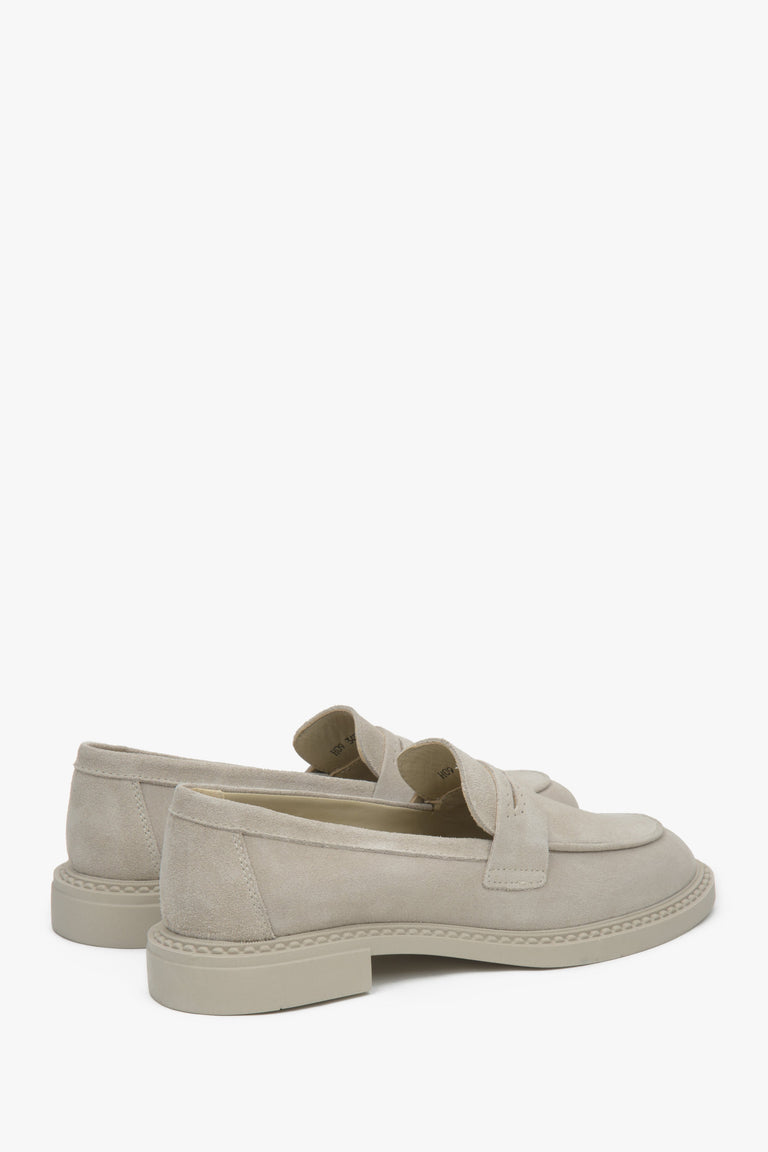 Beige Penny Loafers: Women's Italian Velour Estro - a close-up on shoe's sideline.