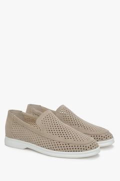 Beige women's loafers with perforation made of Italian velour.