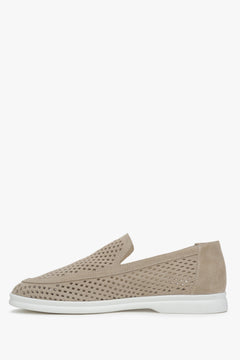 Women's loafers made of beige Italian velour with perforation.