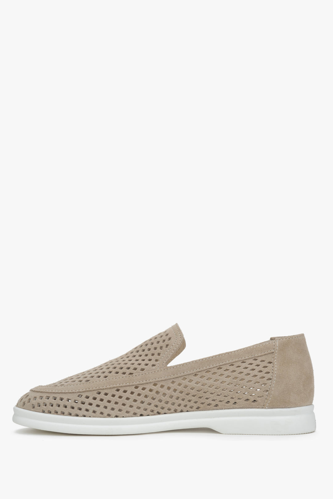 Women's loafers made of beige Italian velour with perforation.