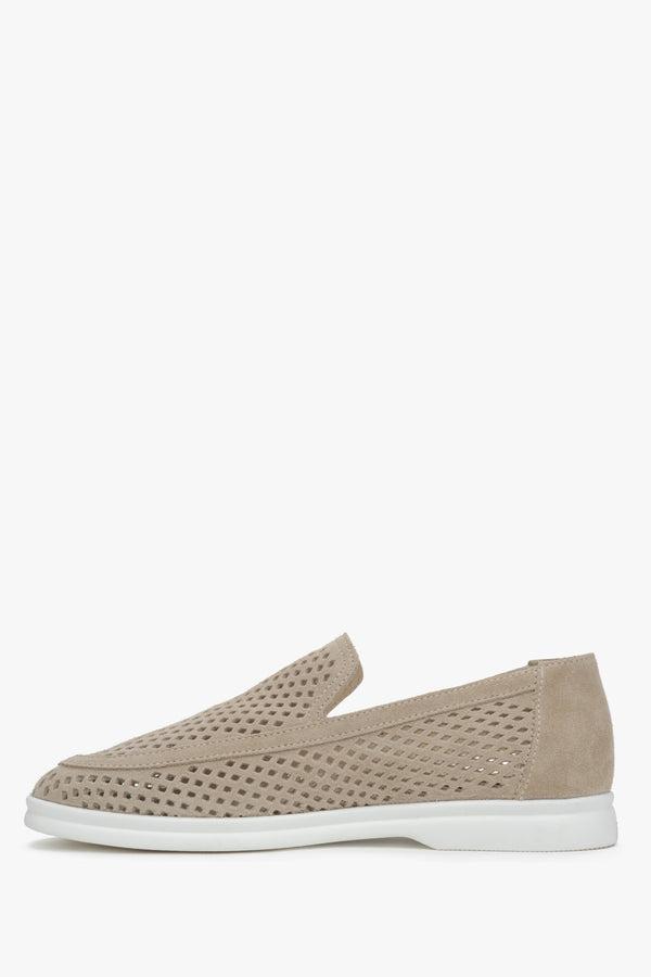 Women's loafers made of beige Italian velour with perforation.
