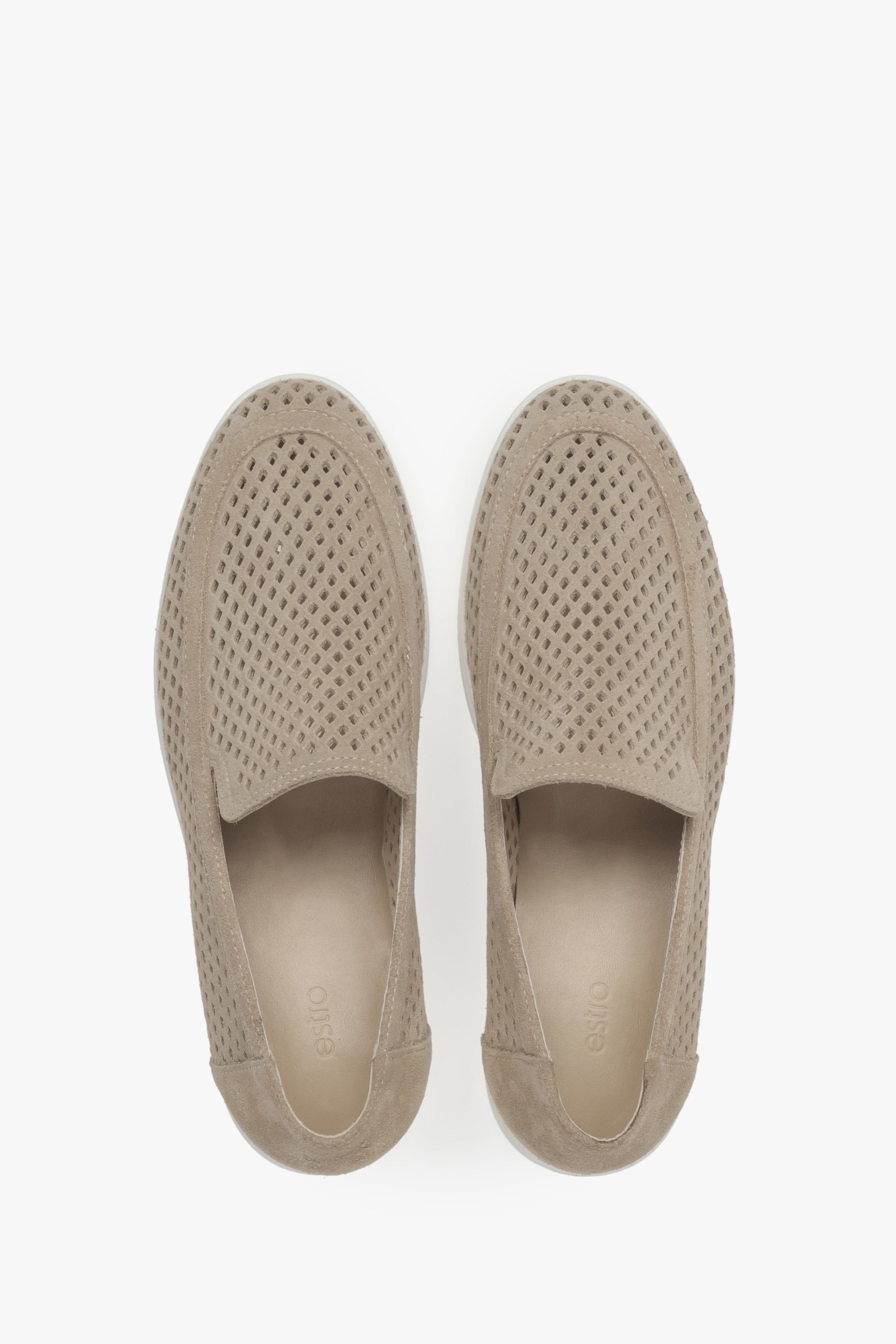 Stylish women's Premium loafers made of natural Italian velour – beige and perforated.