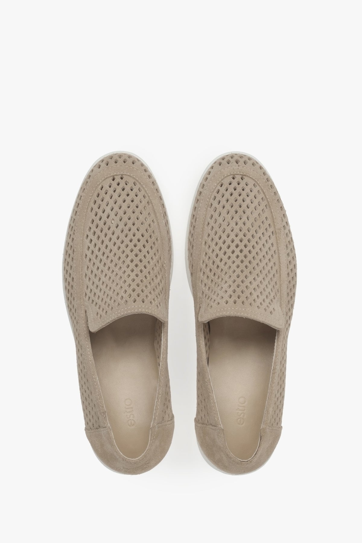 Stylish women's Premium loafers made of natural Italian velour – beige and perforated.