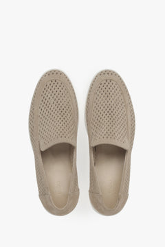 Stylish women's Premium loafers made of natural Italian velour – beige and perforated.