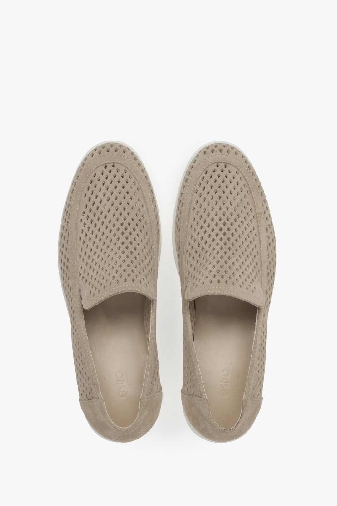 Stylish women's Premium loafers made of natural Italian velour – beige and perforated.