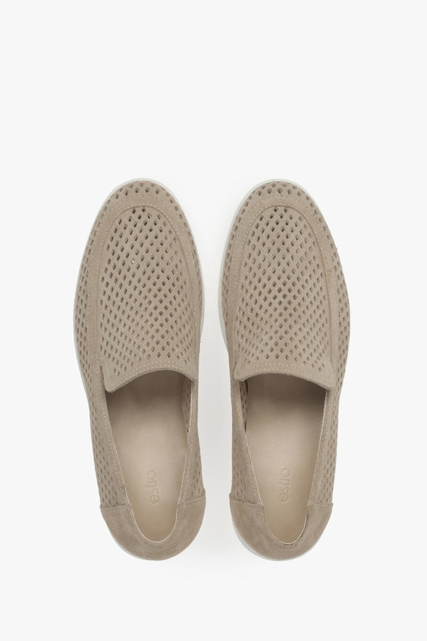 Stylish women's Premium loafers made of natural Italian velour – beige and perforated.
