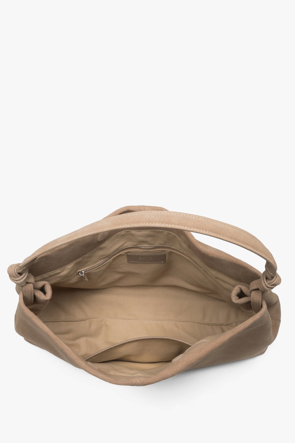 Genuine velour beige shopper bag for women with two pockets and magnetic snap closure.