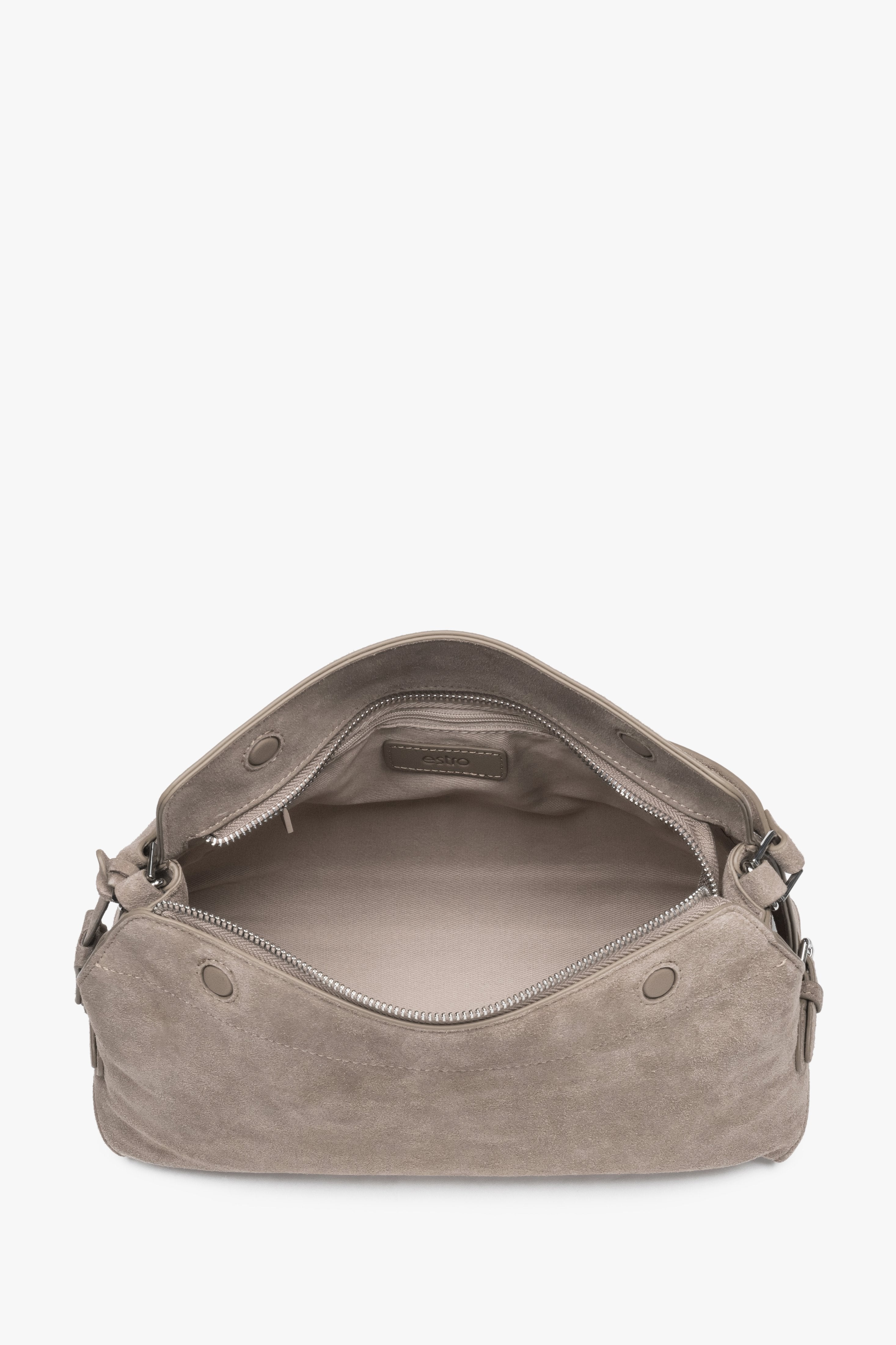 Women’s beige shoulder bag made of genuine velour.