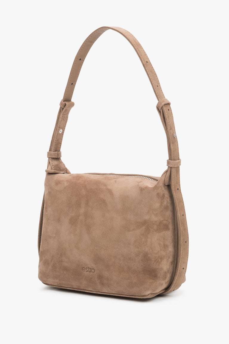 Estro women's beige suede handbag in a unique mocha shade, showcasing a clean silhouette with rounded edges and a subtle embossed brand logo.