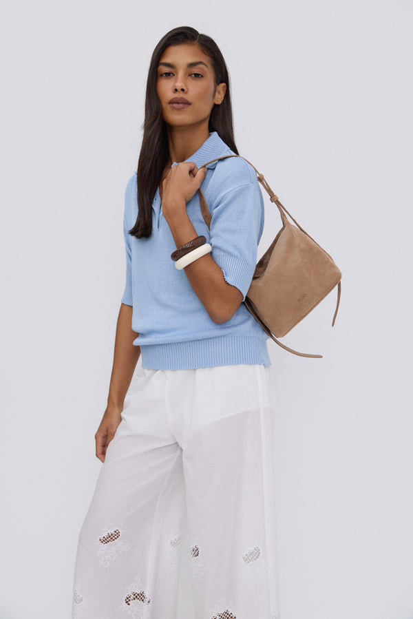 Women's Beige Shoulder Bag made of Soft Genuine Velour Estro.
