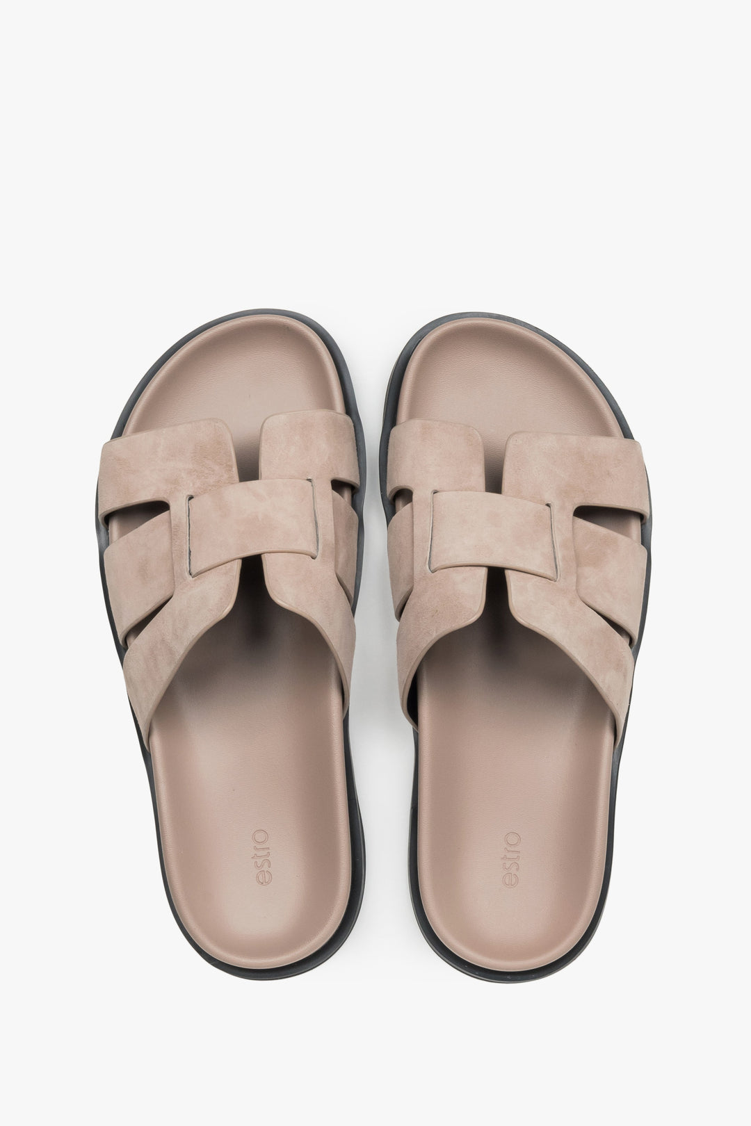Women’s slide sandals, beige, made of natural velour, Estro.
