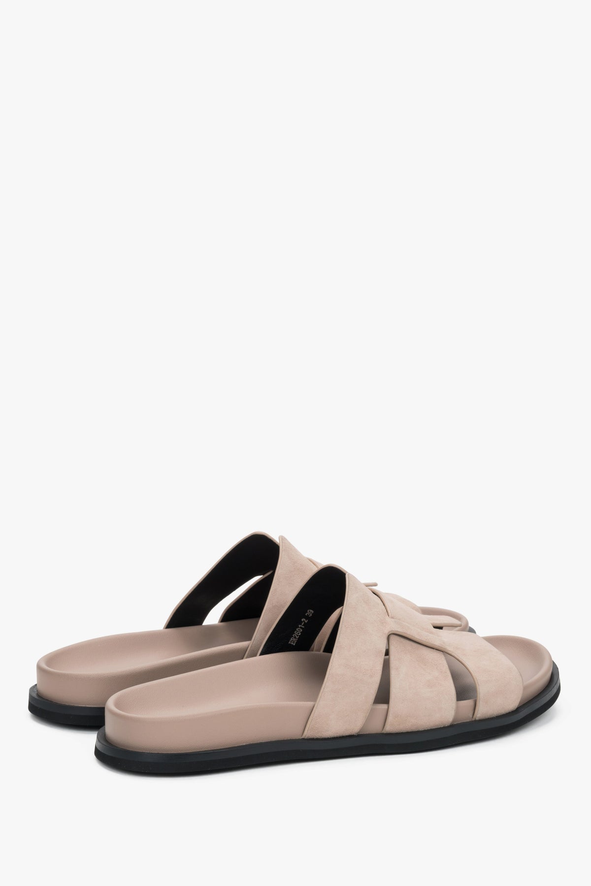 Made of natural velour, beige women’s slide sandals Estro.