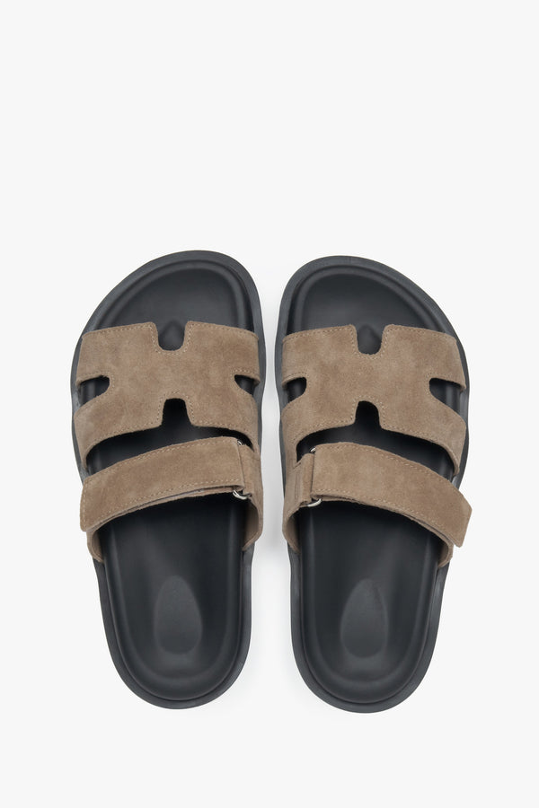 Women's Beige Slide Sandals with Adjustable Strap in Genuine Velour Estro ER00117632.