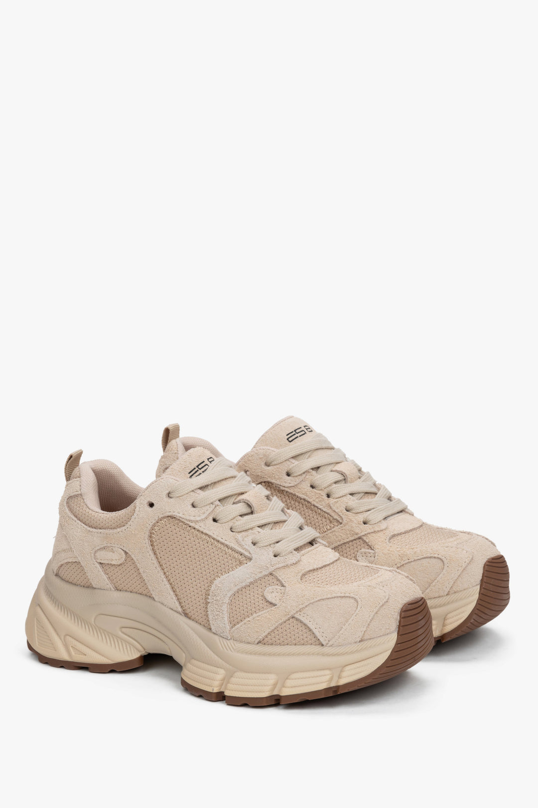 Women's classic beige sneakers made of genuine velour and breathable mesh on a platform, ES8.