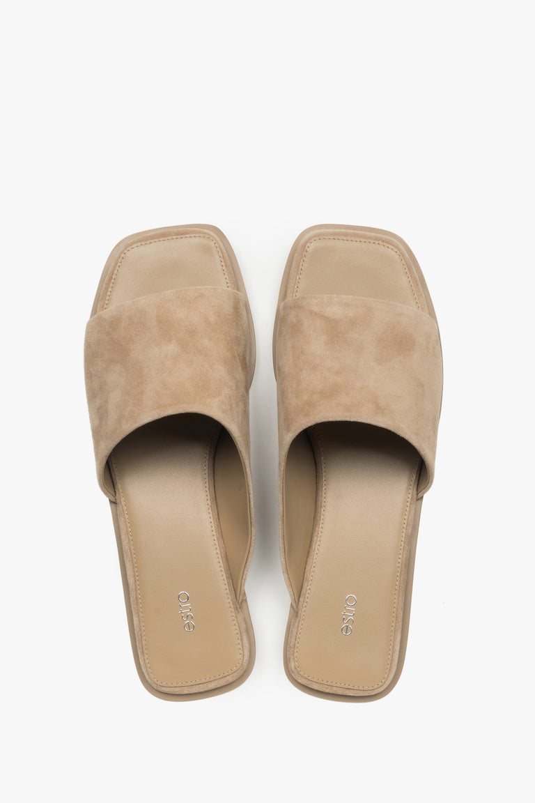 Minimalist beige velour slides with a modern square toe and clean silhouette.