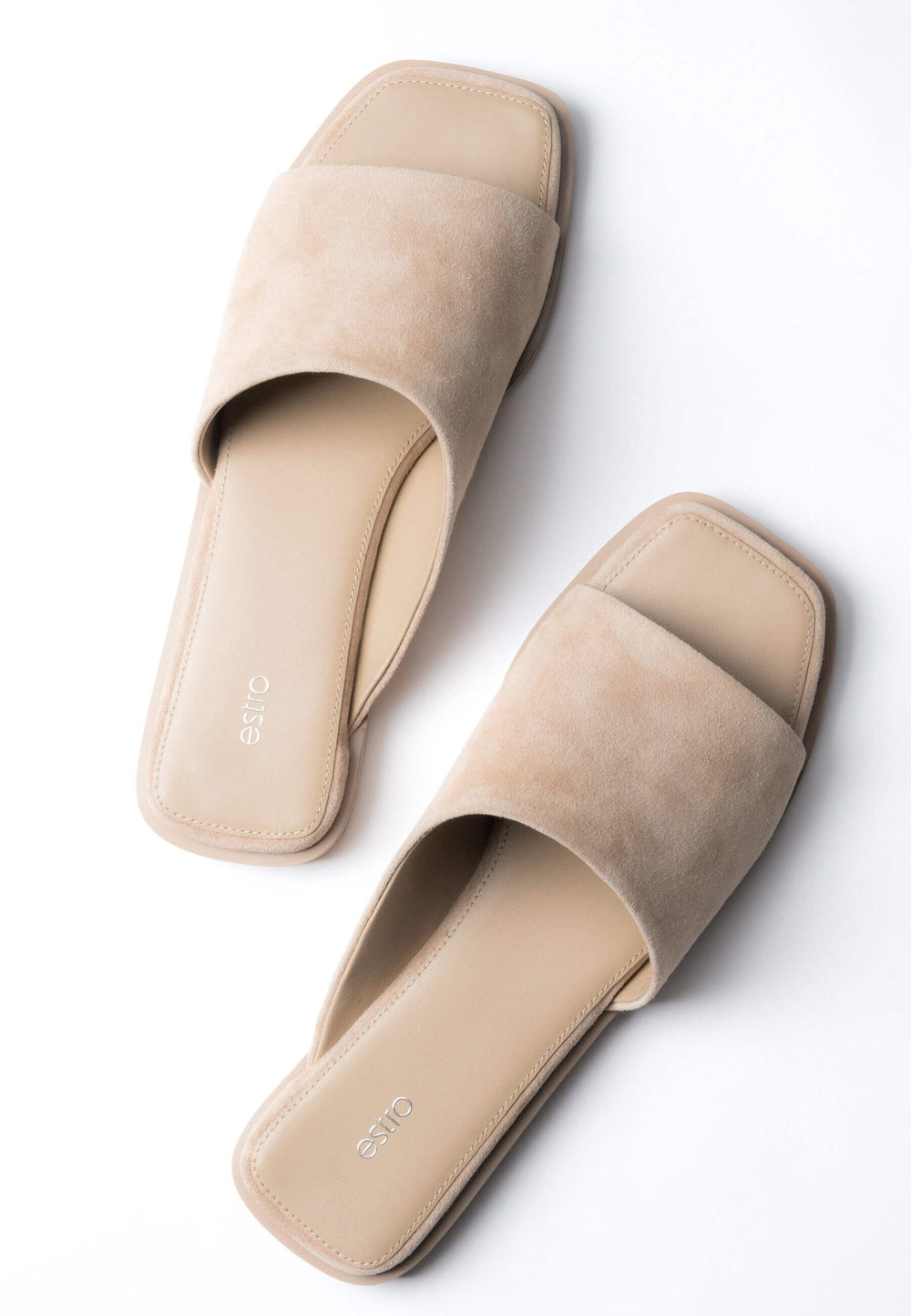 Women’s Beige Square-Toe Slide Sandals in Genuine Velour Estro ER00119226.