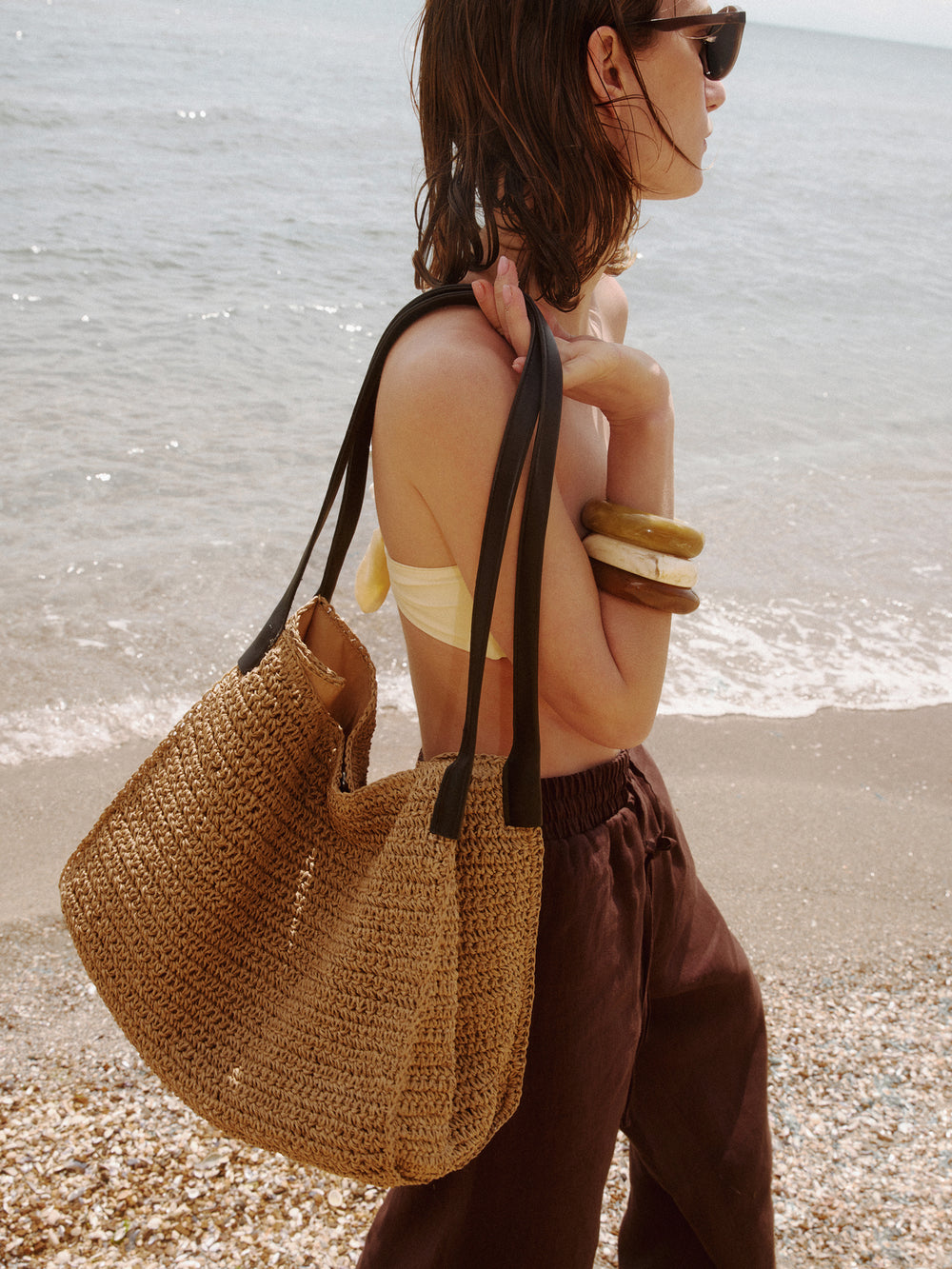 Women's Beige Straw Shopper Bag with Reinforced Handles Estro ER00117861.
