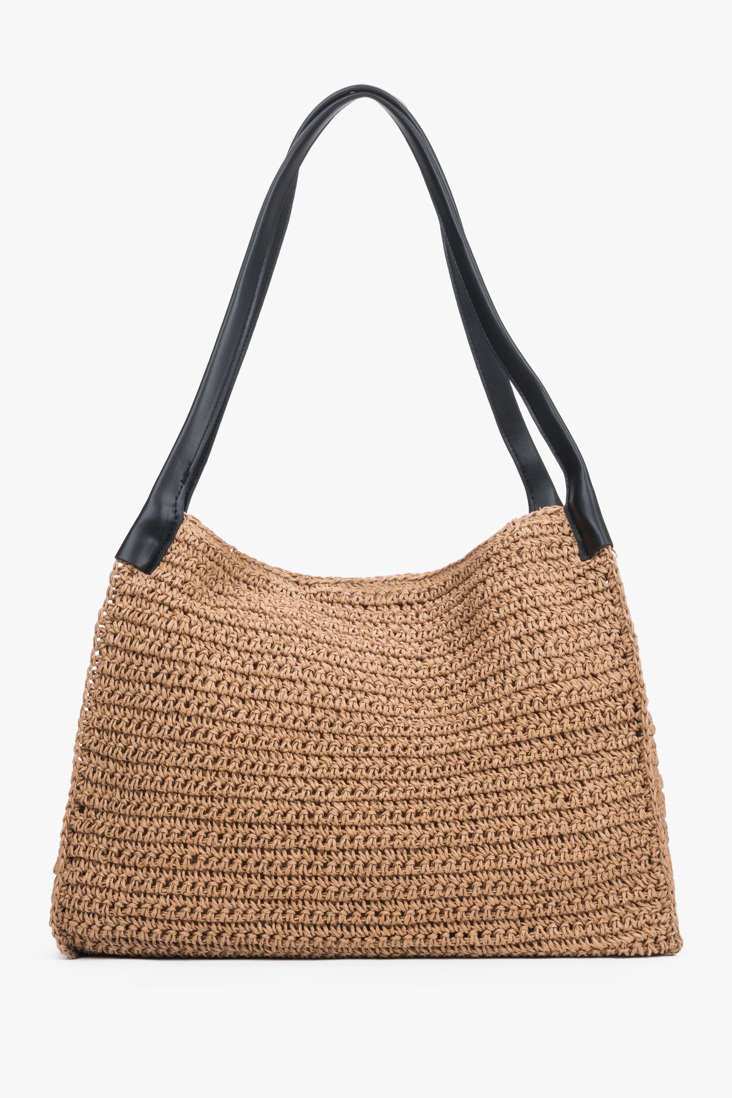 Front view of women's beige straw shopper bag by Estro