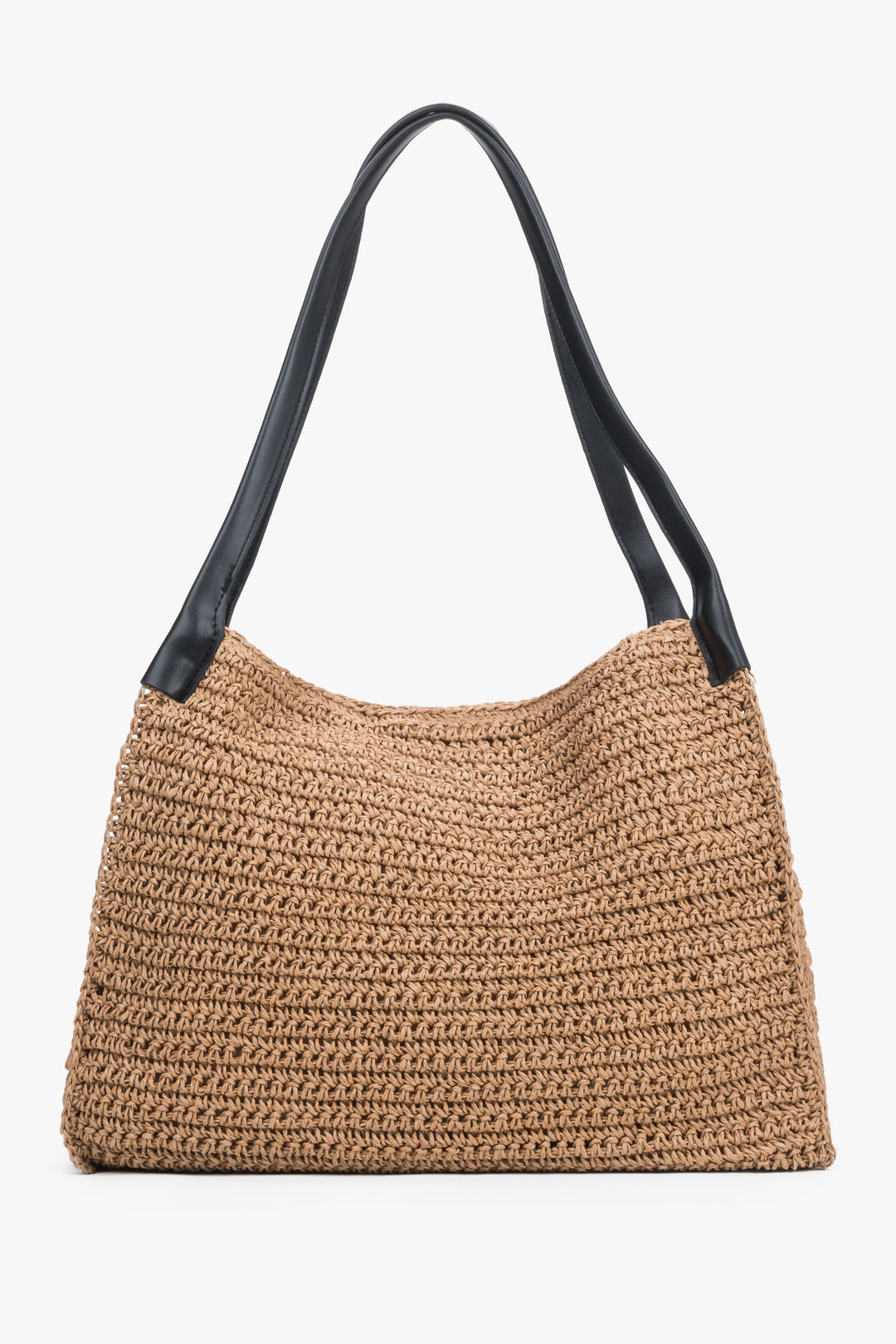 Front view of women's beige straw shopper bag by Estro