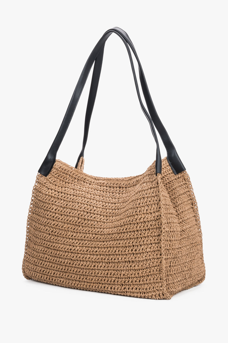 Back view of women's beige straw shopper bag by Estro