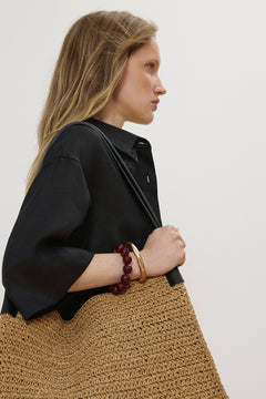 Women's Beige Straw Shopper Bag with Reinforced Handles Estro ER00117861
