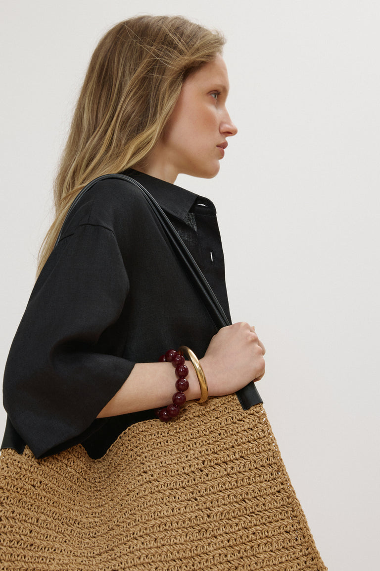 Women's Beige Straw Shopper Bag with Reinforced Handles Estro ER00117861