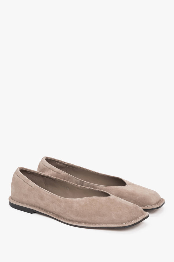 Women's beige velour ballet flats with square toe and flat sole