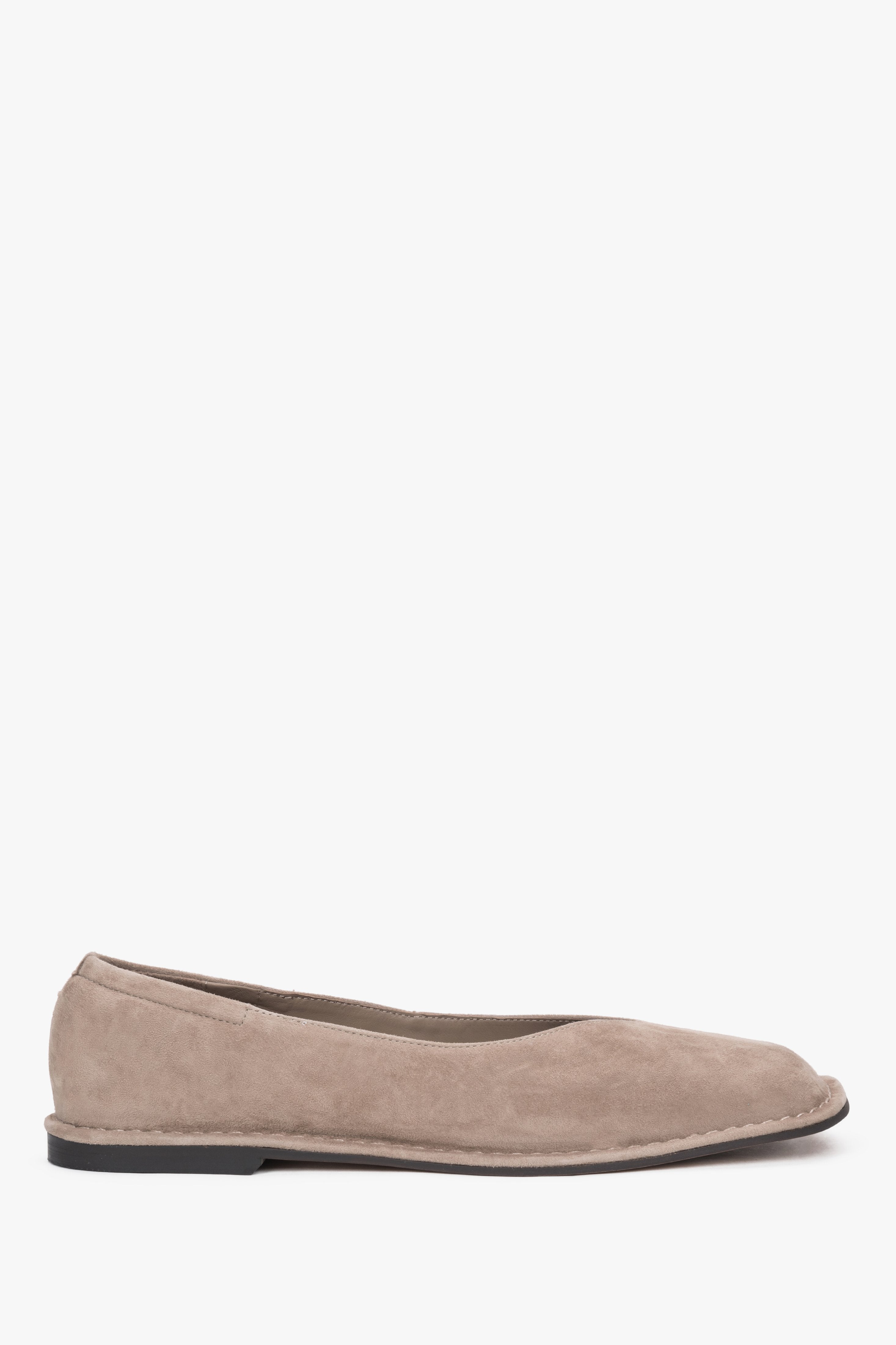 Low side view of women's beige velour ballet flats by Estro