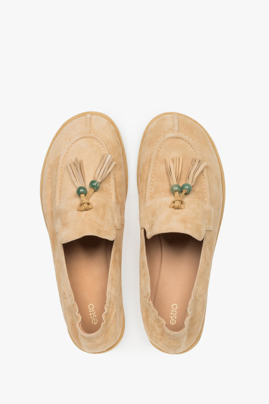 Women's Beige Velour Barefoot Loafers with Decorative Tassel Estro ER00119874.