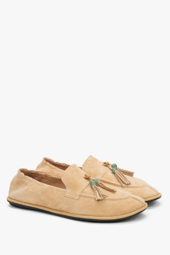 Women's beige natural velour barefoot loafers with a decorative tassel Estro, showcasing a lightweight silhouette in a sand beige shade.