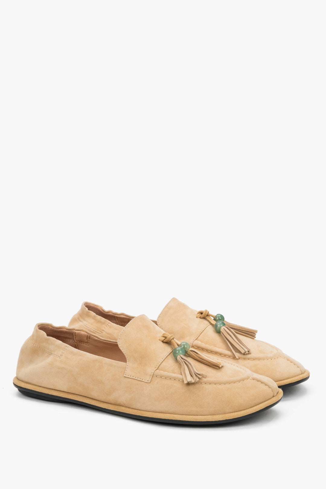 Women's beige natural velour barefoot loafers with a decorative tassel Estro, showcasing a lightweight silhouette in a sand beige shade.