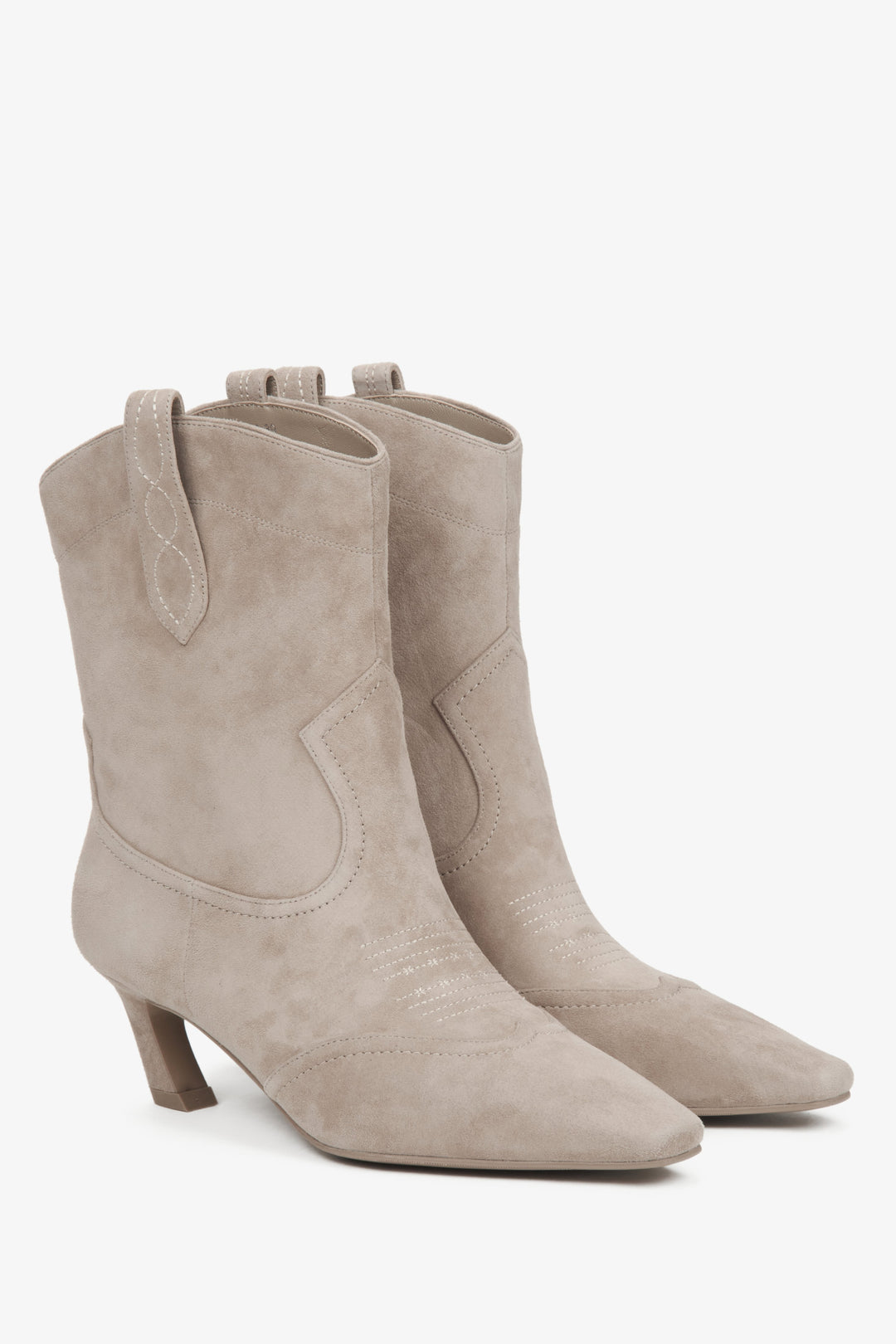 Beige velour cowboy boots for women, designed by Estro.