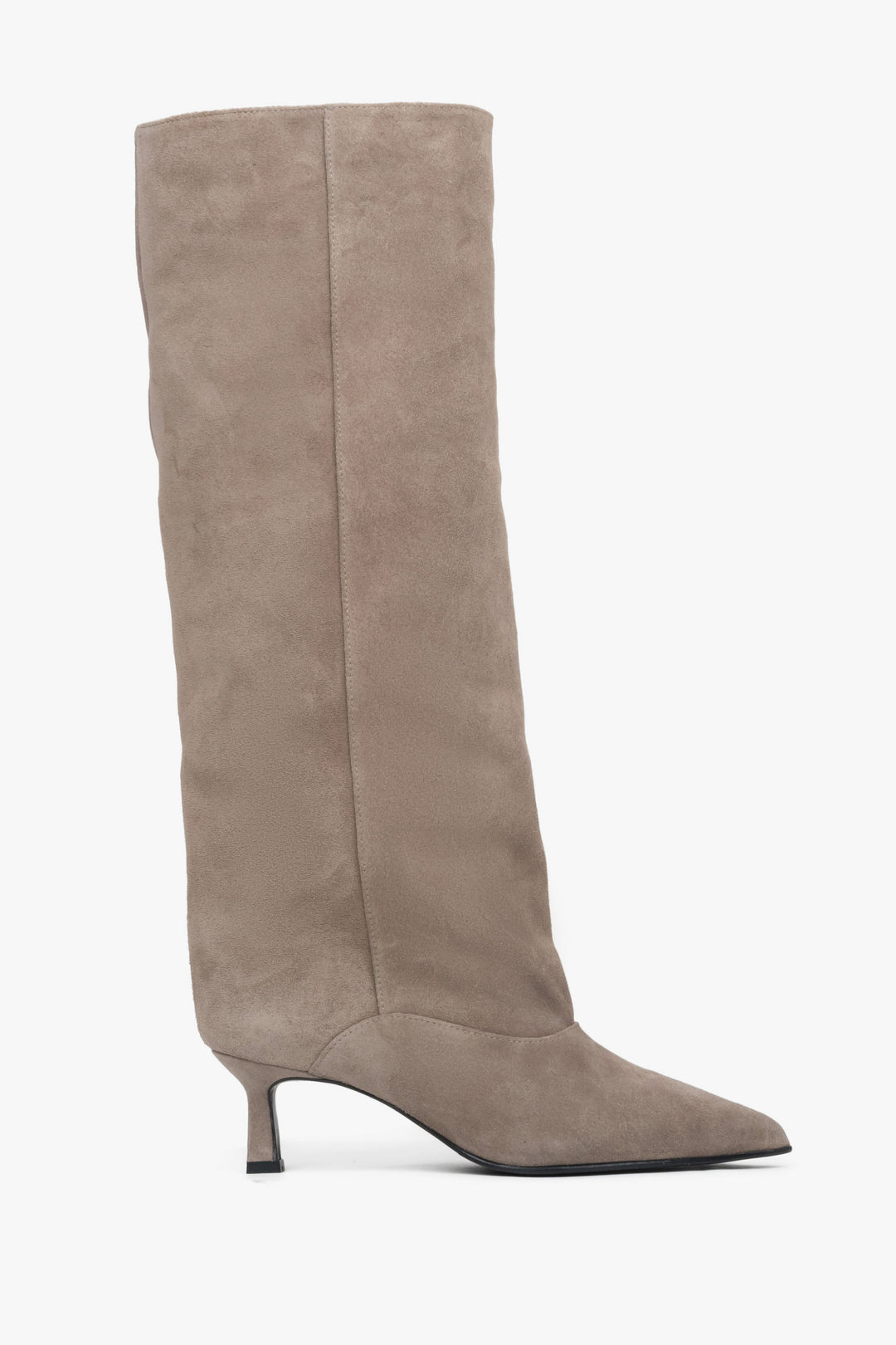Women's Beige Velour Knee-High Boots with a Low Flared Heel Estro ER00118408.