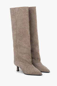 Women's beige knee-high boots made of genuine velour with a low flared heel Estro.
