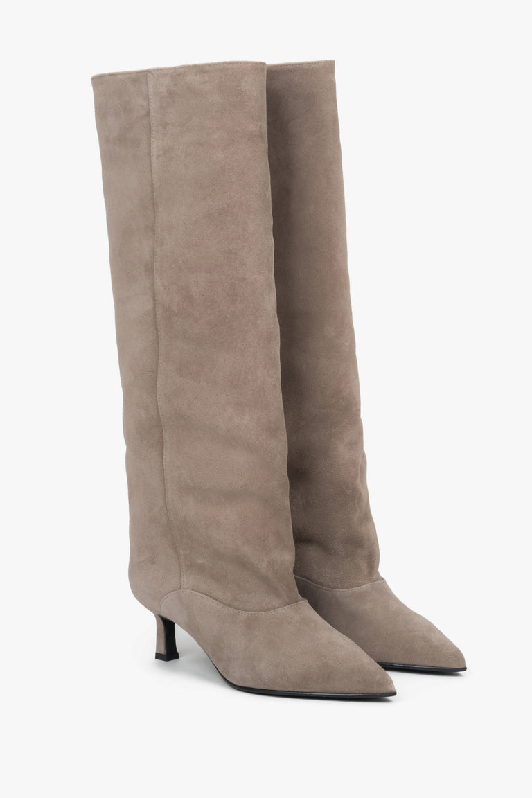 Women's beige knee-high boots made of genuine velour with a low flared heel Estro.