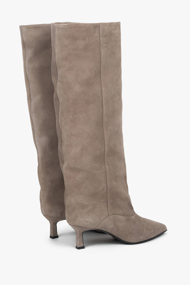 Made of genuine velour, women's beige knee-high boots with a low flared heel Estro.